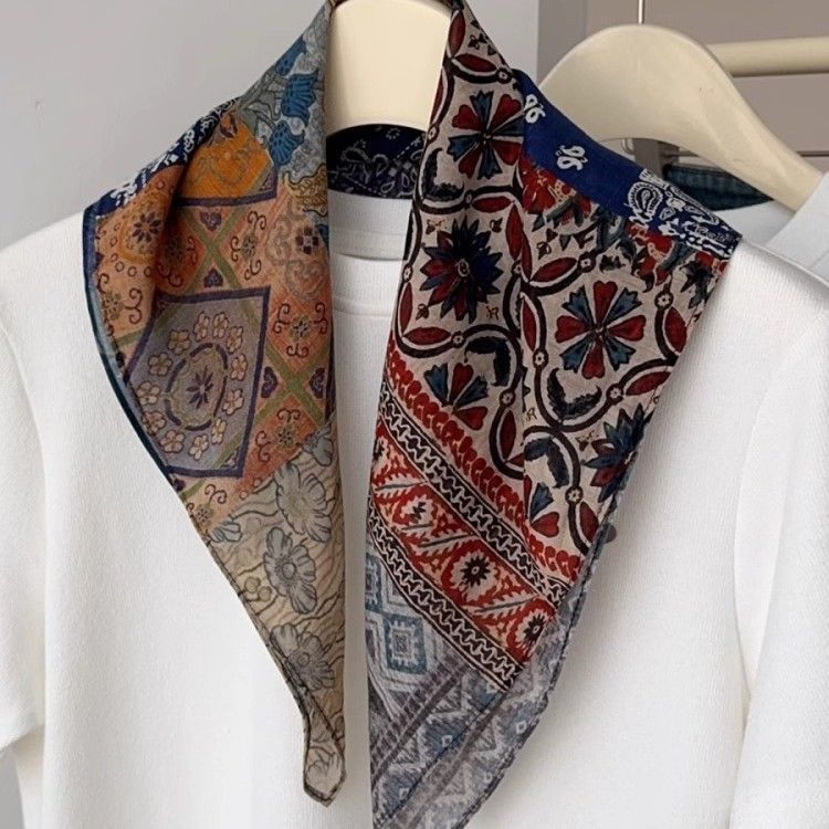 Oil Painting Cotton Linen Headband Small Square For Women Thin Waist Decorative Neck Scarf Sun Protection Head Wrap_voghion.com