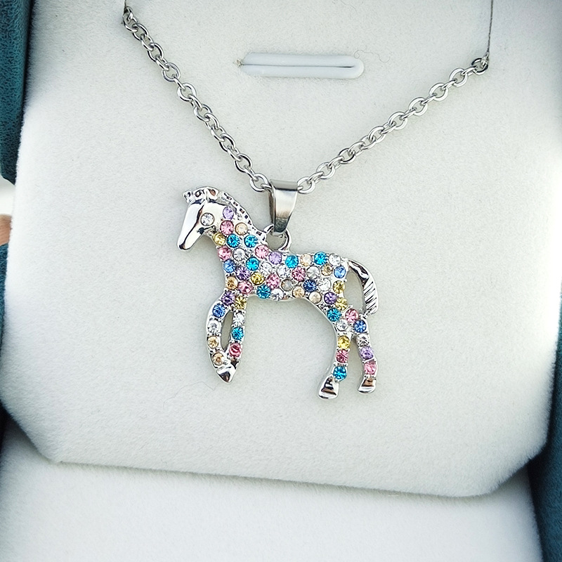 Hot Selling Popular Rainbow Horse Pendant Fashionable and Personalized Colorful Diamonded Pony Necklace_voghion.com