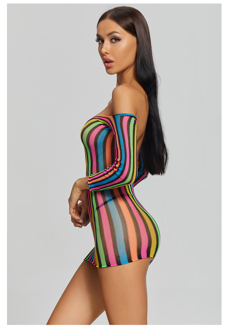 Yuedie Dessous Siebenfarbig Langarm Bodycon Einteiler Mesh Uniform Versuchung Sexy Kurzes Kleid 8919_voghion.com