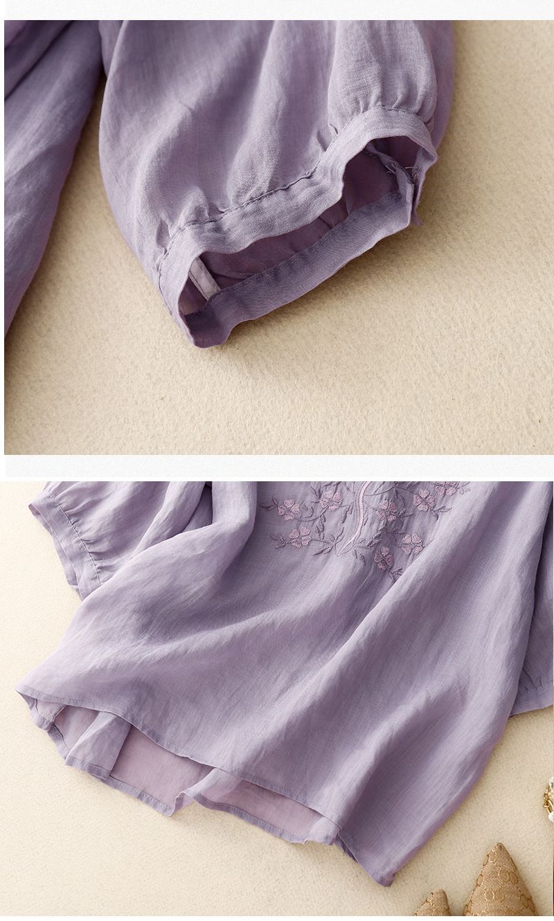 T-shirt da donna in cotone e lino con scollo a V e maniche a cinque punte, stile retrò_voghion.com