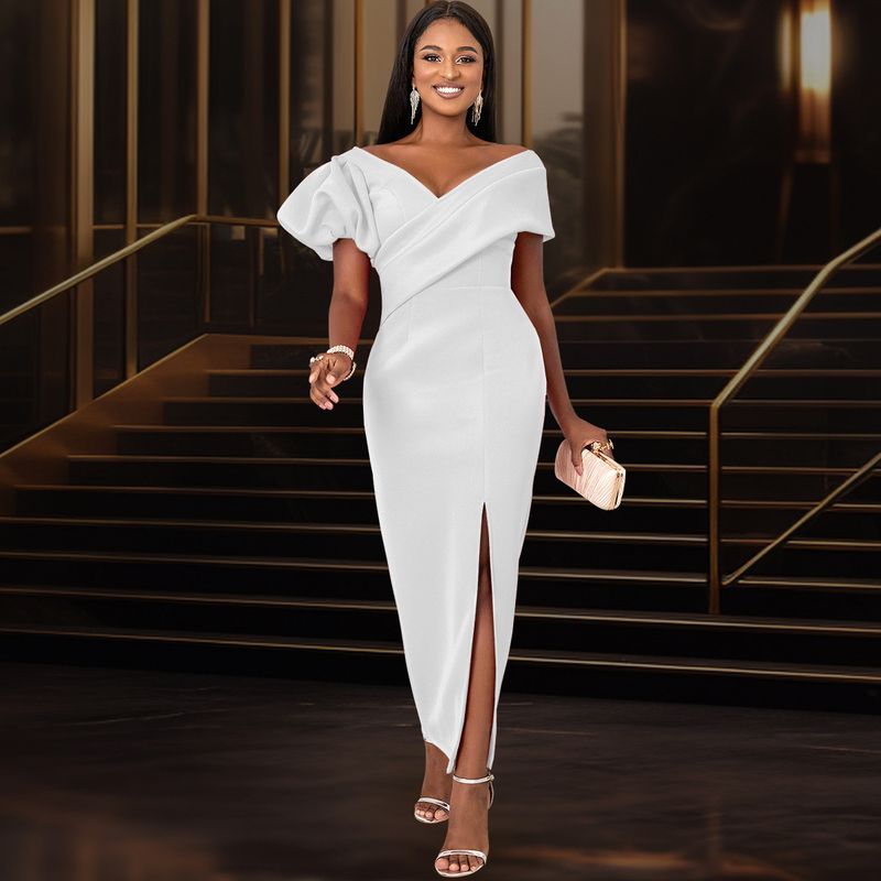 Elegant V-Neck Lantern Sleeve Party Dress - Flattering Black Formal Gown For Women, High Waist Asymmetric Hem, Plus Size Available (S-XXL)_voghion.com