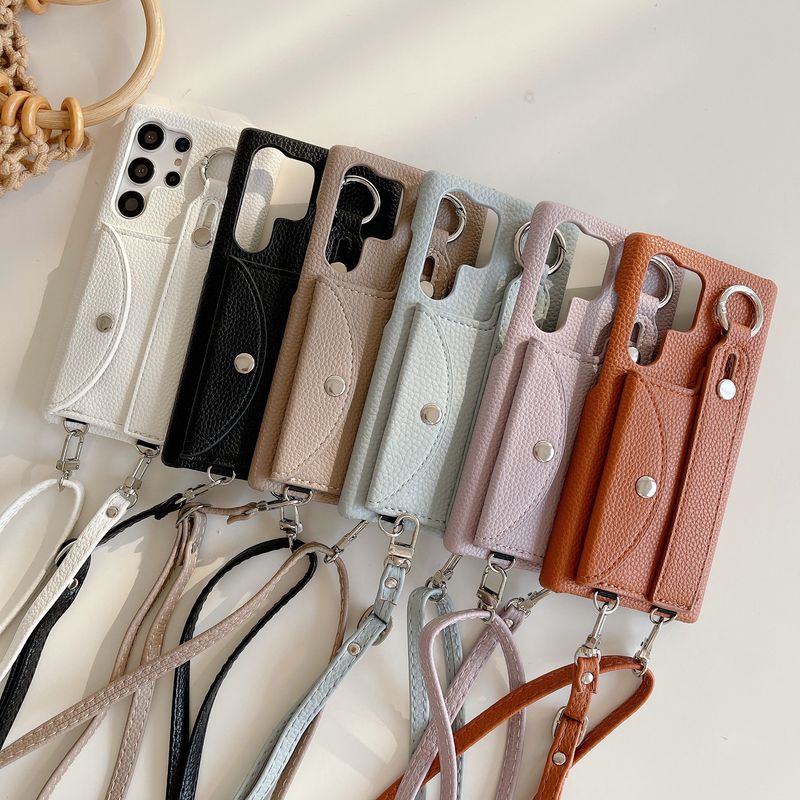Mobile phone case Suitable for Samsung S23 Ultra litchi card holder wrist strap diagonal mobile phone case S21/S22 wallet mobile phone case_voghion.com