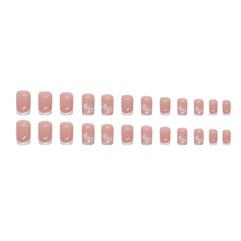 24 pezzi copertura completa unghie finte stampa sulle unghie lunga testa quadrata unghie finte bianco francese design foglia manicure usura Lg_voghion.com