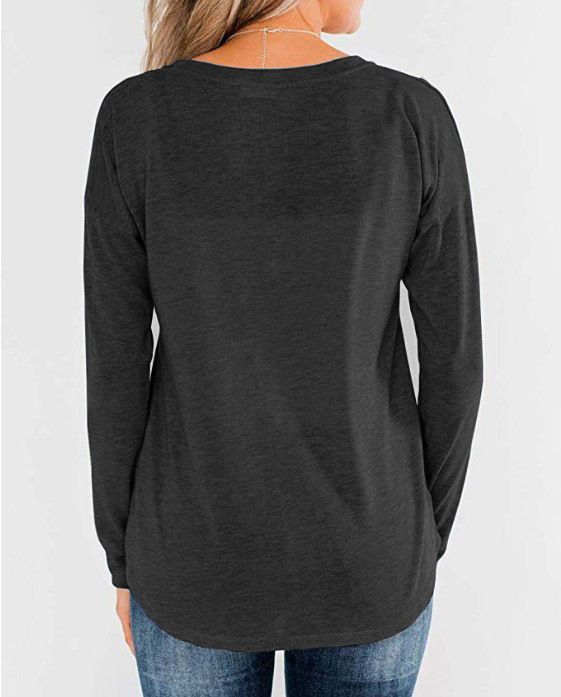 Effen gebreide dames T-shirt met lange mouwen, ronde hals, pullover en knoopsluiting_voghion.com