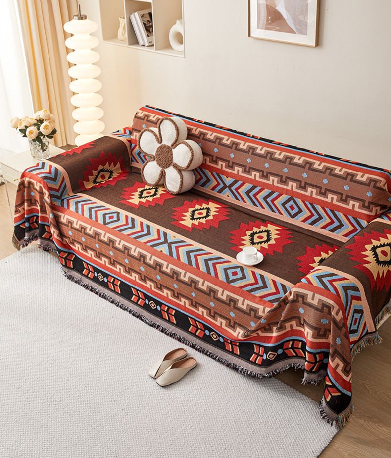 American Style Ethnic Floral Sofa Cover Throw Blanket - Thick Cotton Polyester Fabric For 3-Seater Couch - Geometric Patterns In Multiple Sizes_voghion.com