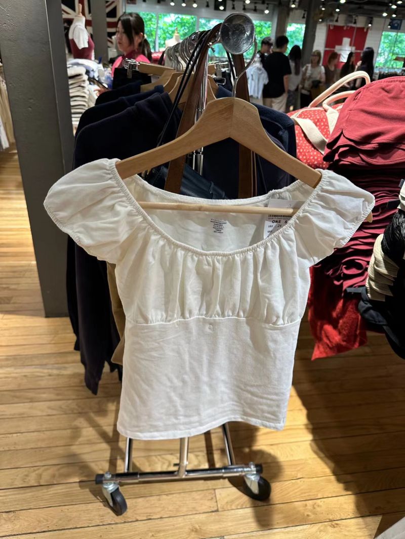 hot selling Sweet White Folds Slim Tees Haruku Cute Scoop Neck Soft Cotton Puff Sleeve T-shirts Vintage Solid Summer Balletcore Tops_voghion.com