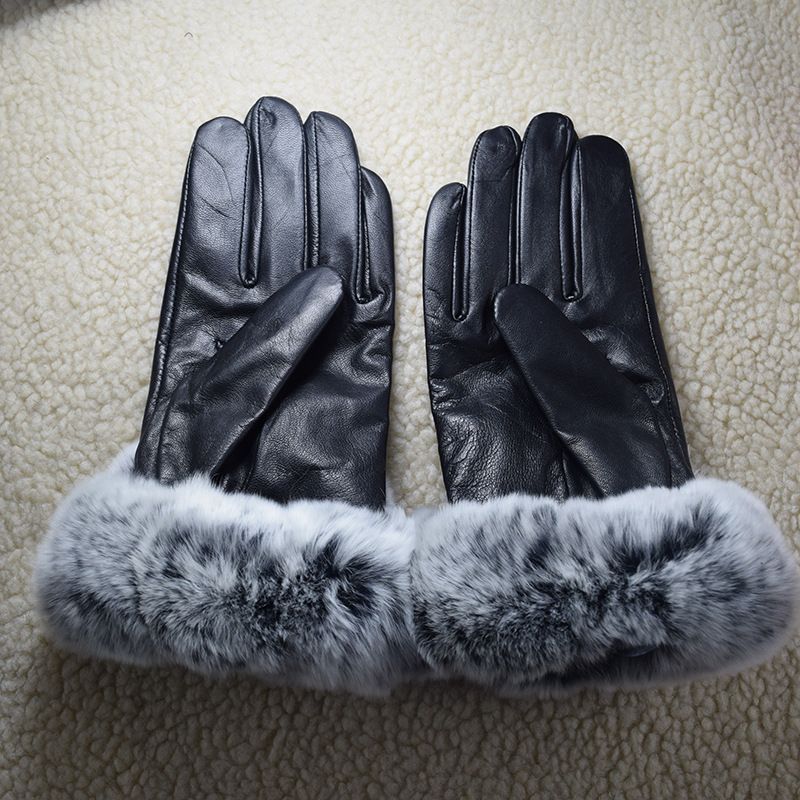 Gants en cuir véritable avec doublure polaire, bordure en fourrure de lapin Rex, marque, cyclisme, résistants au froid, chauds, hiver femme_voghion.com