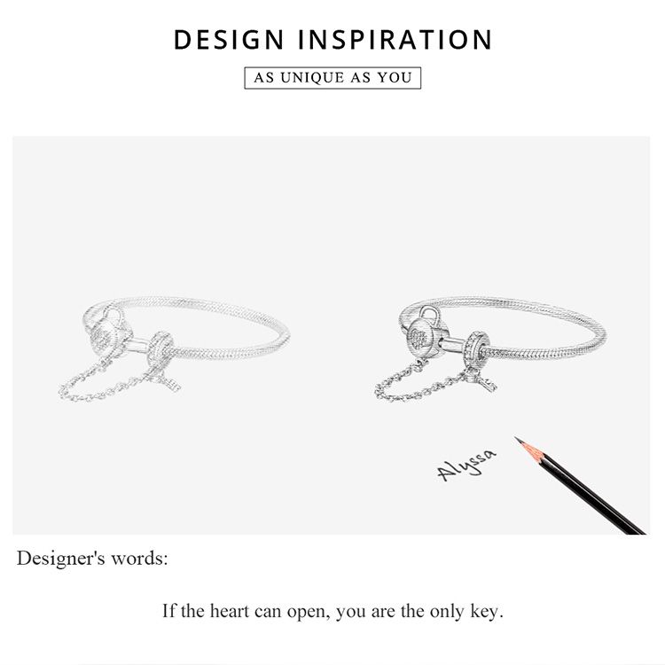 Bracciale base con chiave a cuore, bracciale in argento sterling 925 per donna, compatibile con la maggior parte delle perline con ciondolo_voghion.com