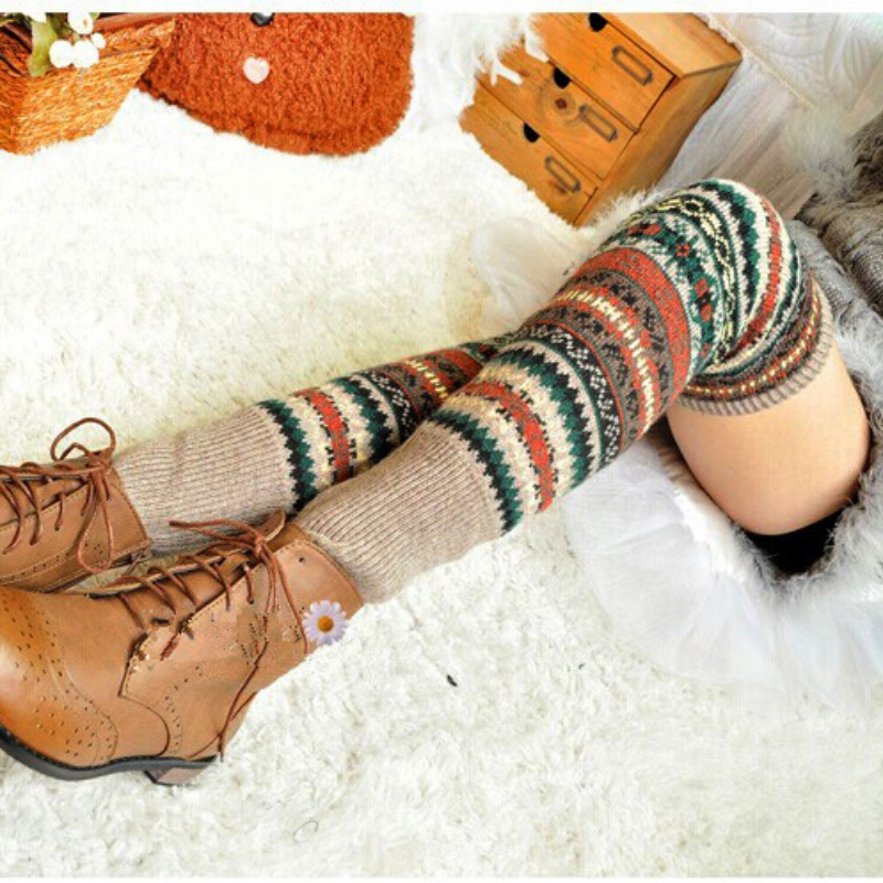 Nouveau Hiver sur genou longue couverture en tricot Crochet femmes jambe chaud Legging chaud rayé noël Pierna Mujer cuisse_voghion.com