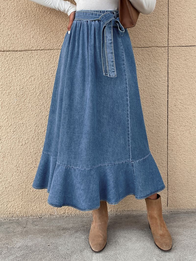 casual spijkerrok dameskleding hoge taille middellange en lange heupomwikkelde plooirok met ruches_voghion.com