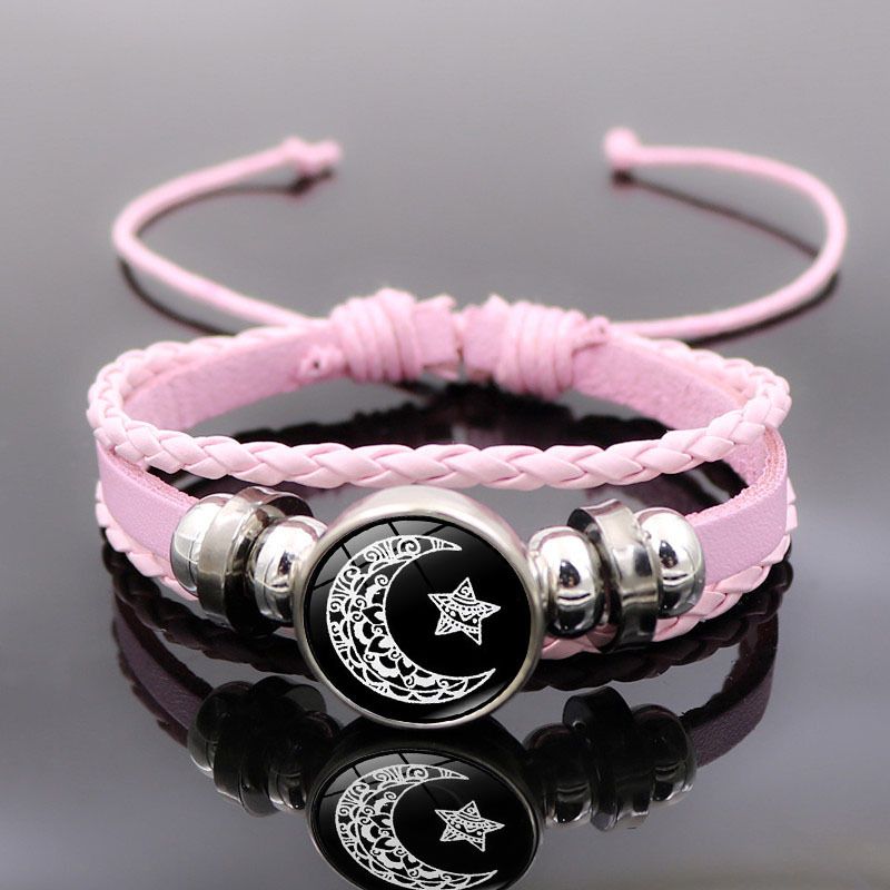 Pulsera tejida de cuero punk multicapa con cuentas para amantes del sol y la luna (2024)_voghion.com