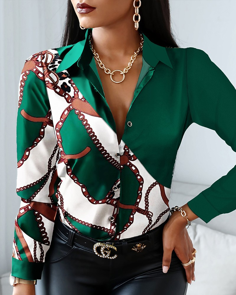 Camicie e top da donna in stile retrò color block a maniche lunghe con scollo a V autunno e inverno_voghion.com