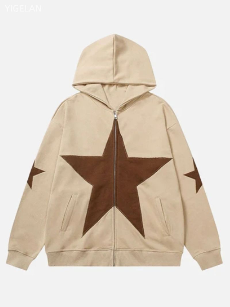 Street übergroßer, locker sitzender Damen-Pullover mit fünfeckigem Stern-Patch, bestickt, bedruckt, Kapuzenpullover, Persönlichkeit, Reißverschluss, Pullover für Herren_voghion.com