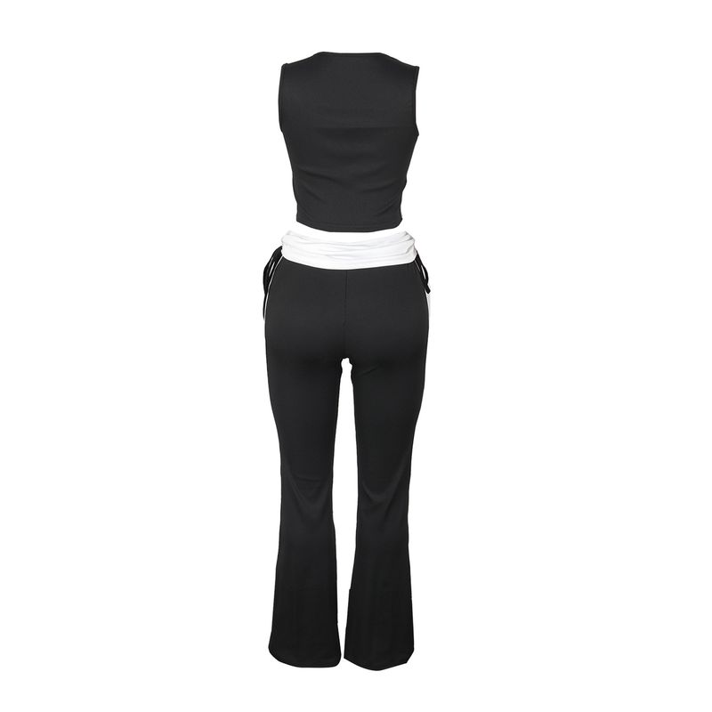 Women's Clothing Casual Elastic Stitching Contrast Color Ribbed Sleeveless Vest Trousers Two Pieces_voghion.com