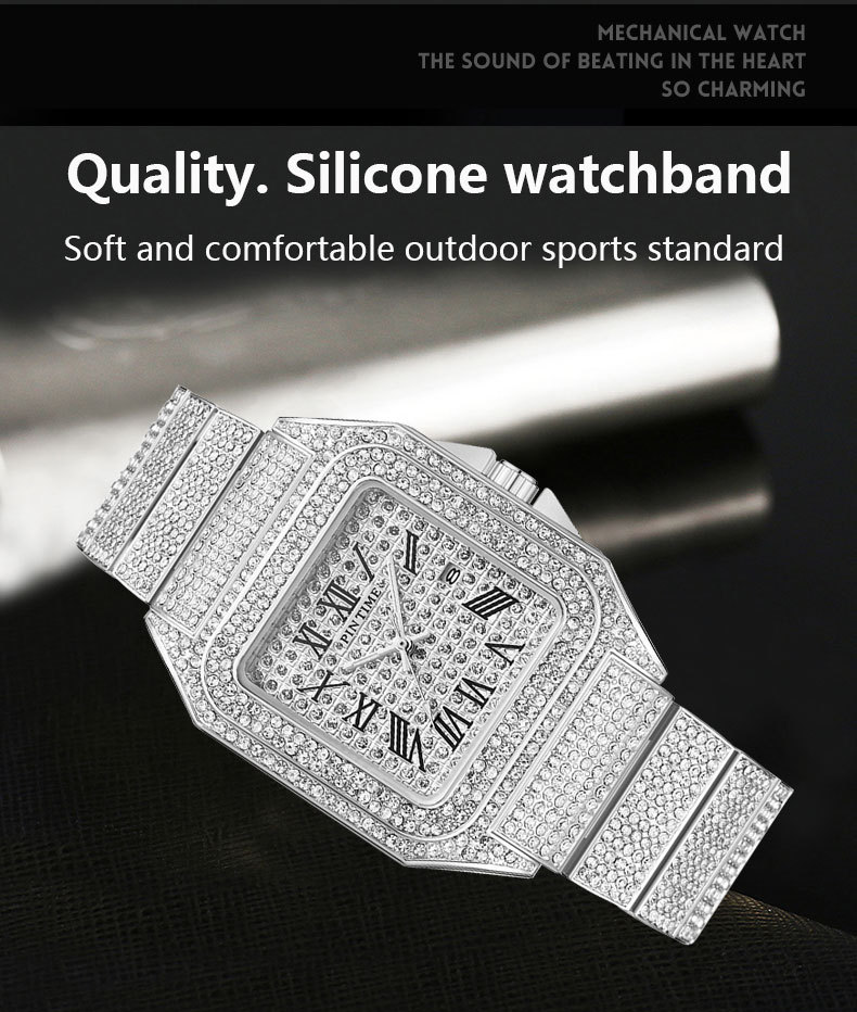 Men's Stylish Square Diamond Quartz Watch With Date Function - Elegant Business Casual Wristwatch For Men Square Diamond Calendar Watch Clock_voghion.com