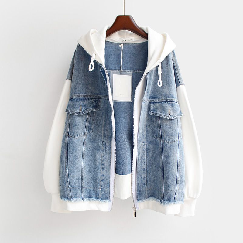 Plus Size Denim Jacket For Women – Oversized Hooded Baseball Style, Comfort Fit (L-4XL, Pink/White)_voghion.com
