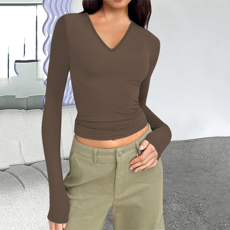 T-shirt basic slim fit da donna con scollo a V e maniche lunghe_voghion.com