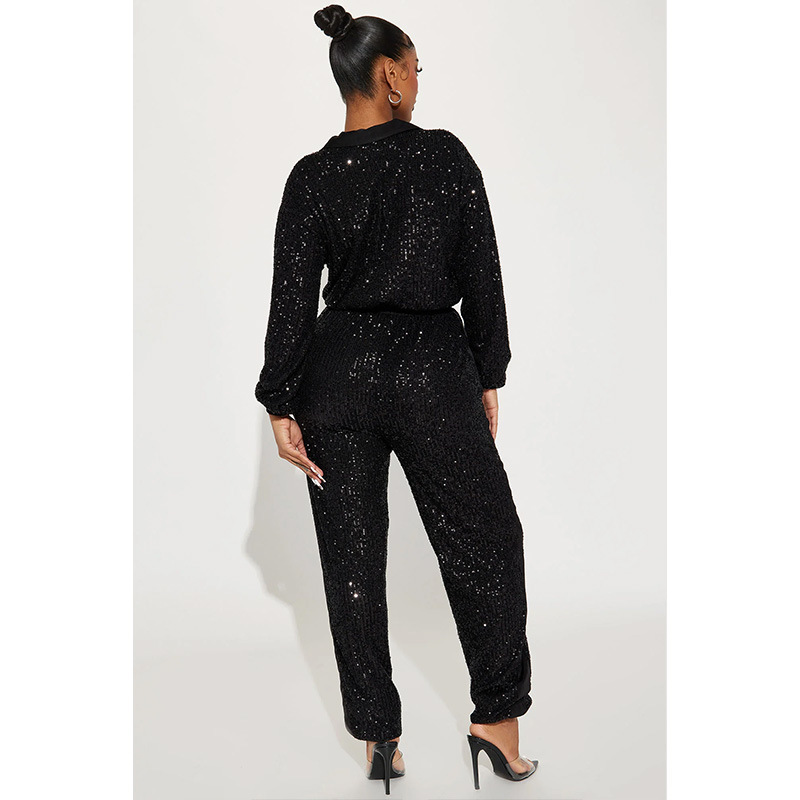 Women's Clothing autumn and winter sequin sequined sexy deep V neck jumpsuit_voghion.com