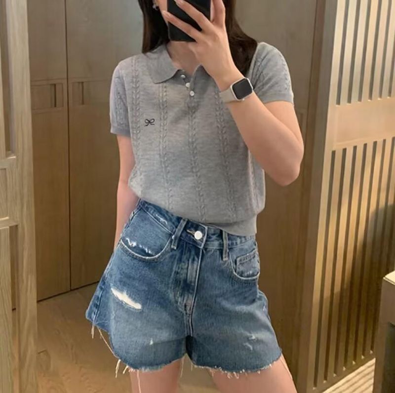Women's Clothing Summer Ice Silk Short Sleeved Knitted Sweater For Women New Bow Embroidery Lapel Polo Shirt Chic Top_voghion.com