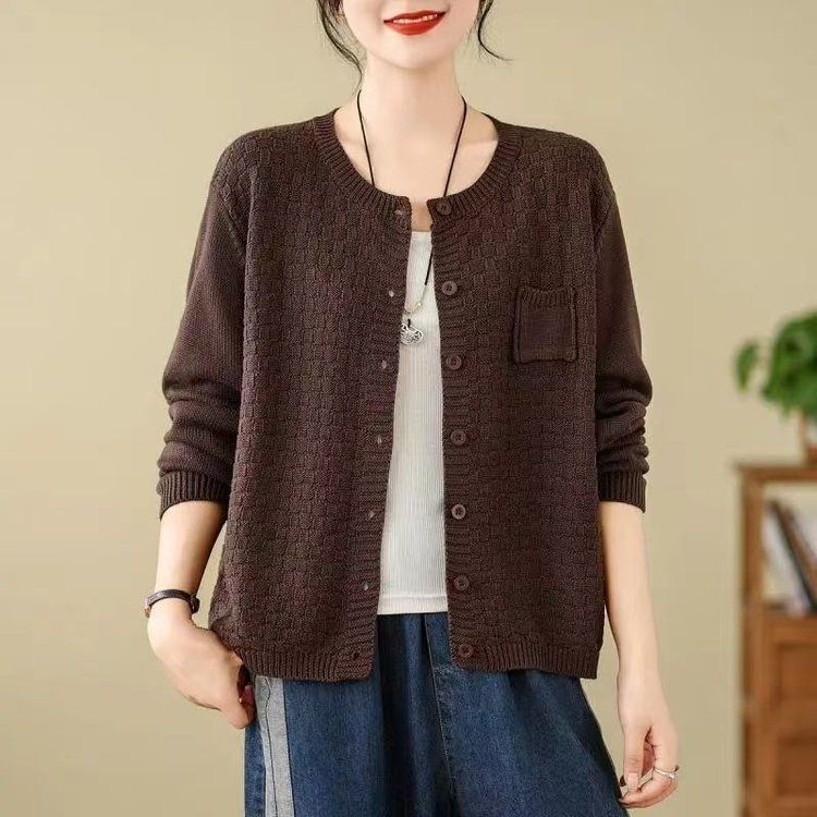 Cardigan rétro en maille de coton pour femme, col rond, manches longues, style automne 2024, vêtement d'extérieur tendance pour les diffusions en direct._voghion.com