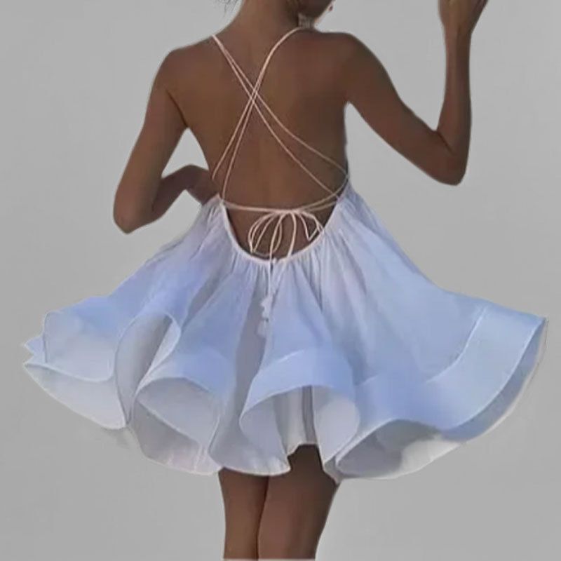 Collection printemps 2025 Cross-Border : Robe bouffante plissée à bretelles, dos nu et col en V, inspirée de la mode européenne et américaine._voghion.com