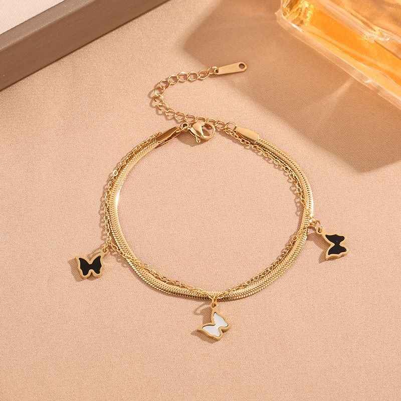 Double Layer Butterfly Snake Bone Chain Bracelet - Japanese & Korean Style Titanium Steel Jewelry (No Fading, Anti-Allergic)_voghion.com