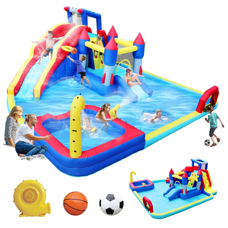 10 In1 Inflatable Slide Water Park Bouncing House Garden With Splash Pool & Water Gun & Basketball & Climbing Wall & Dual Pools & Soccer_voghion.com