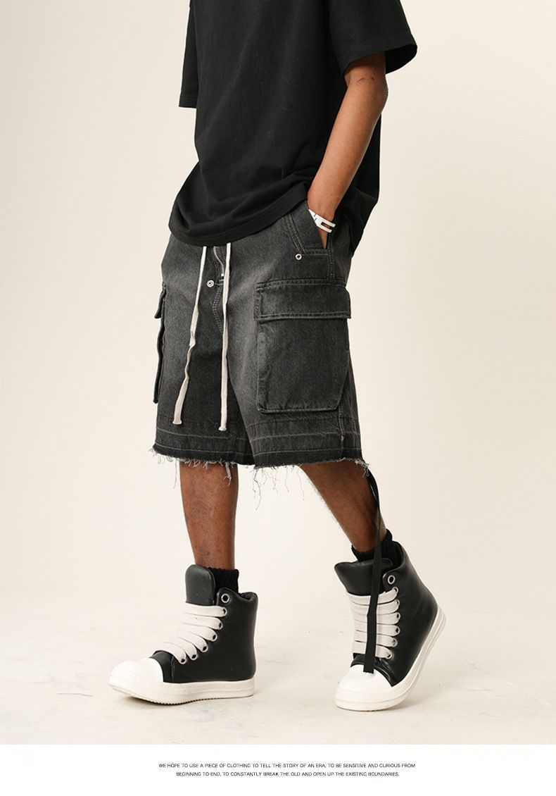 Herreklær High Street Vibe Vasket, slitt denimshorts med rå kanter Trendy merkevare Løse shorts med flere lommer_voghion.com