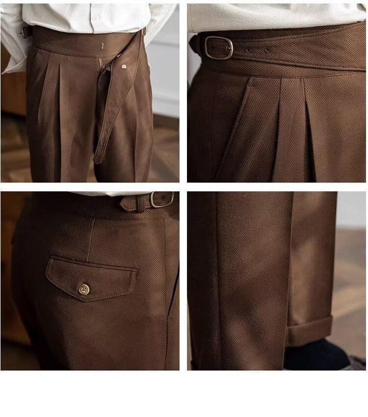Herrenbekleidung Lässige Anzughose mit hoher Taille Herren Herbst Paris Schnalle Business Drape Gerade Hose Naples Retro Drape Anzughose_voghion.com