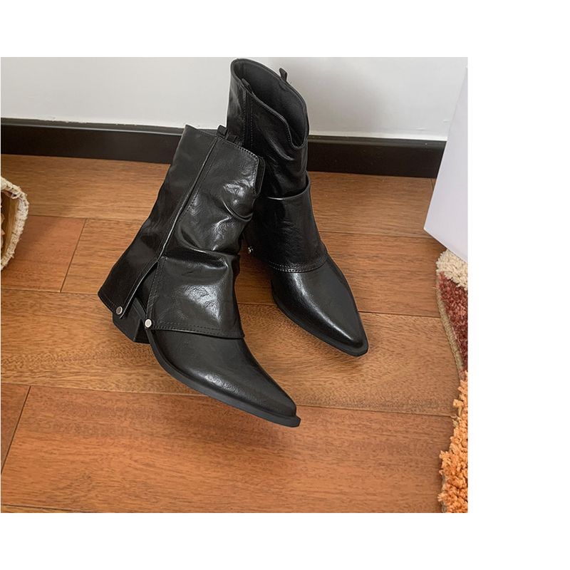 Bottes mi-mollet à talon épais et bout pointu pour femme, élégantes et polyvalentes_voghion.com