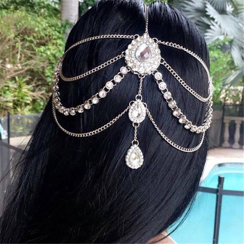 INS Fashion Multi layer Diamond Tassel Head Bohemian Style Women's Water Drop Pendant Forehead Chain Jewelry Hair_voghion.com