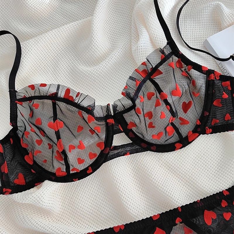 Women's Intimates Ultra Thin Transparent Heart Shaped Printed Women's Underwear Set Big Chest Small Bra_voghion.com