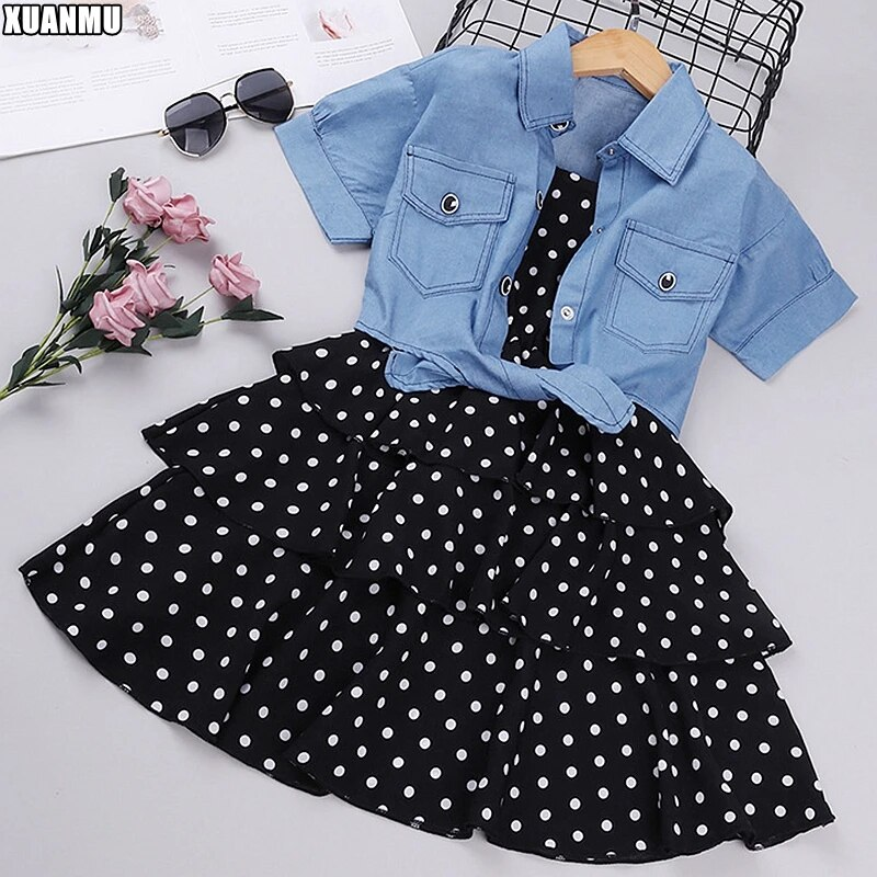 XUANMU Mädchen Anzug Sommer Neue Kurzarm Denim Jacke kinder Kleidung Prinzessin Rock Kleider Mode Kinder Kleidung X009A_voghion.com