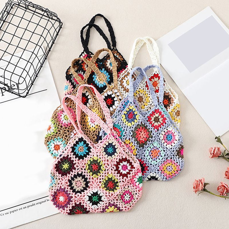 Lihao Women Tote Bag Floral Crochet Large Capacity Handmade Vintage Multicolor Hollow Out Handbag for Travel-Khaki One_voghion.com