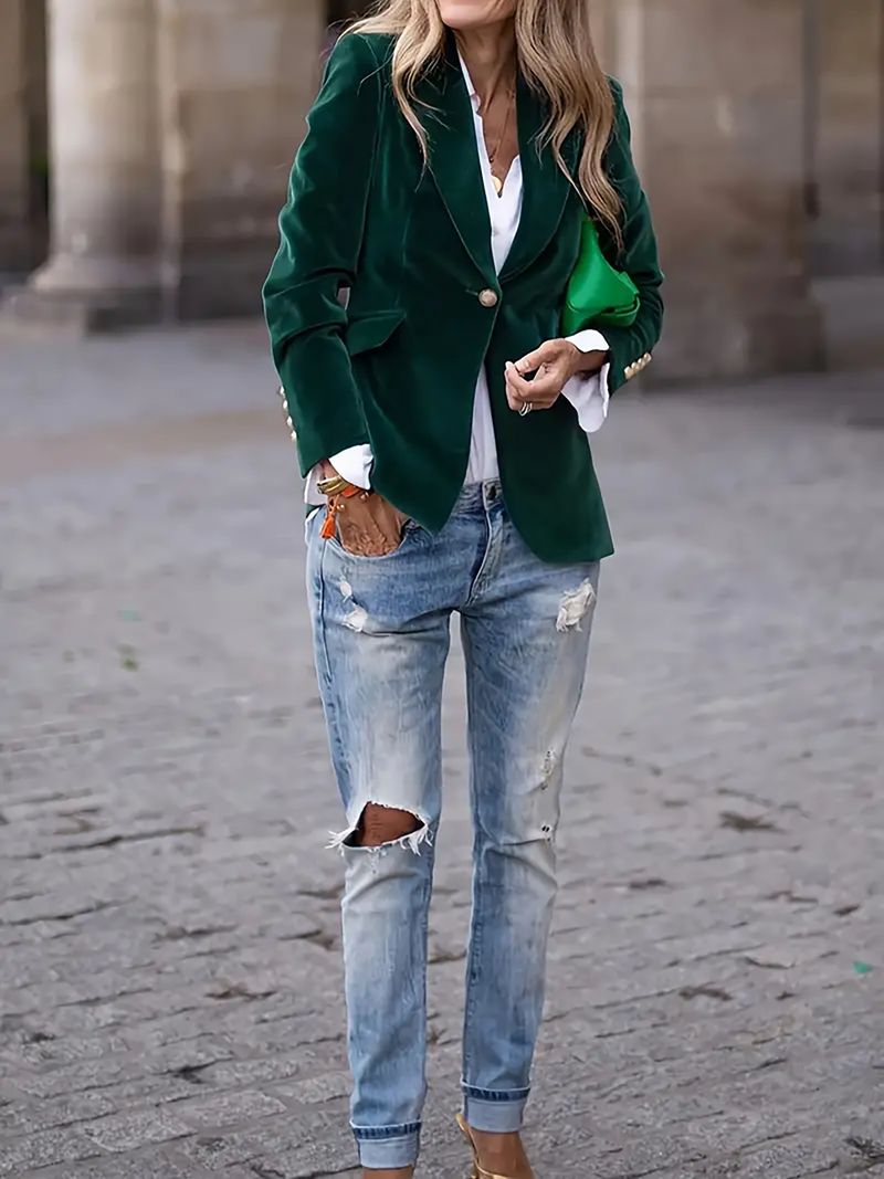 Blazer doppiopetto senza maniche con finiture in velluto per donna, primaverile, da ufficio (rosso/blu/verde/nero) | Dolce e sofisticato (S-XXL)_voghion.com