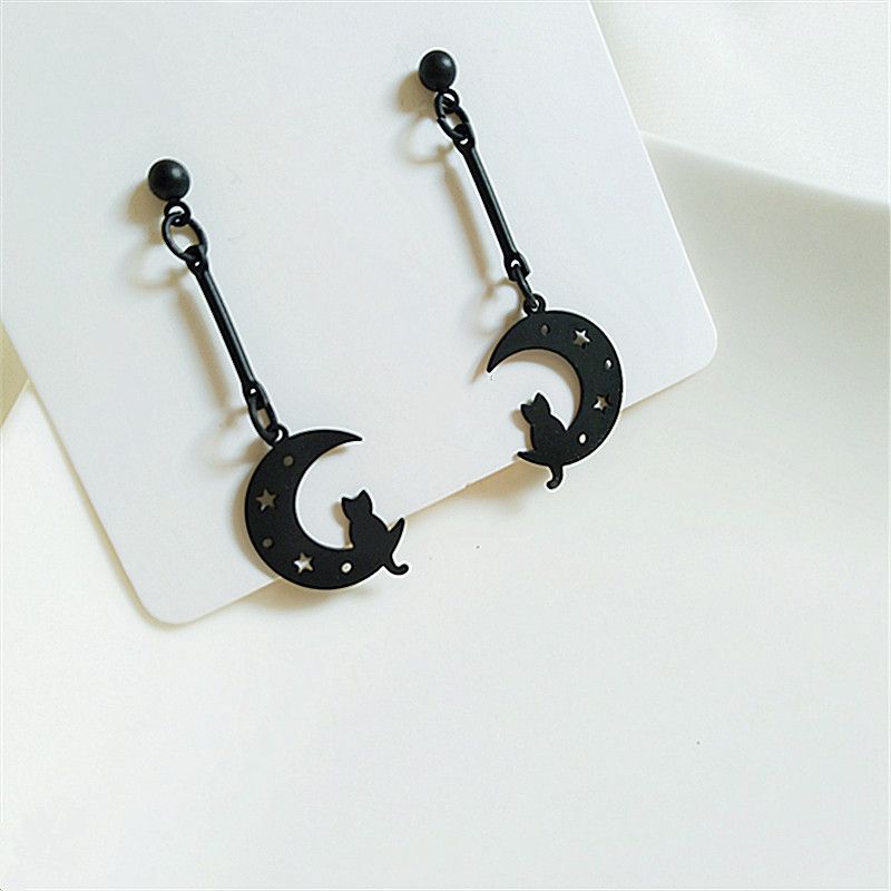 Orecchini lunghi a forma di luna con nappine, orecchini a clip non forati con ago in argento, orecchini a forma di stella e luna, orecchini neri con clip per orecchini_voghion.com