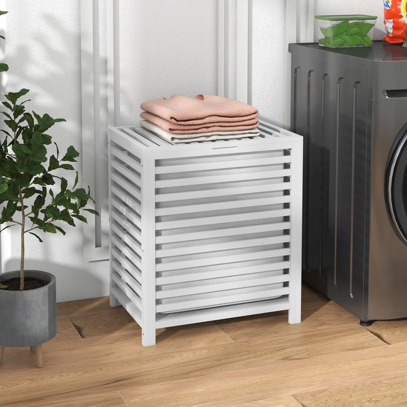 HOMCOM Bamboo Laundry Hamper with Lid, Laundry Basket with Removable Liner Bag, Dirty Clothes Hamper, 19.75 x 14.25 x 23.5 Inches, White_voghion.com