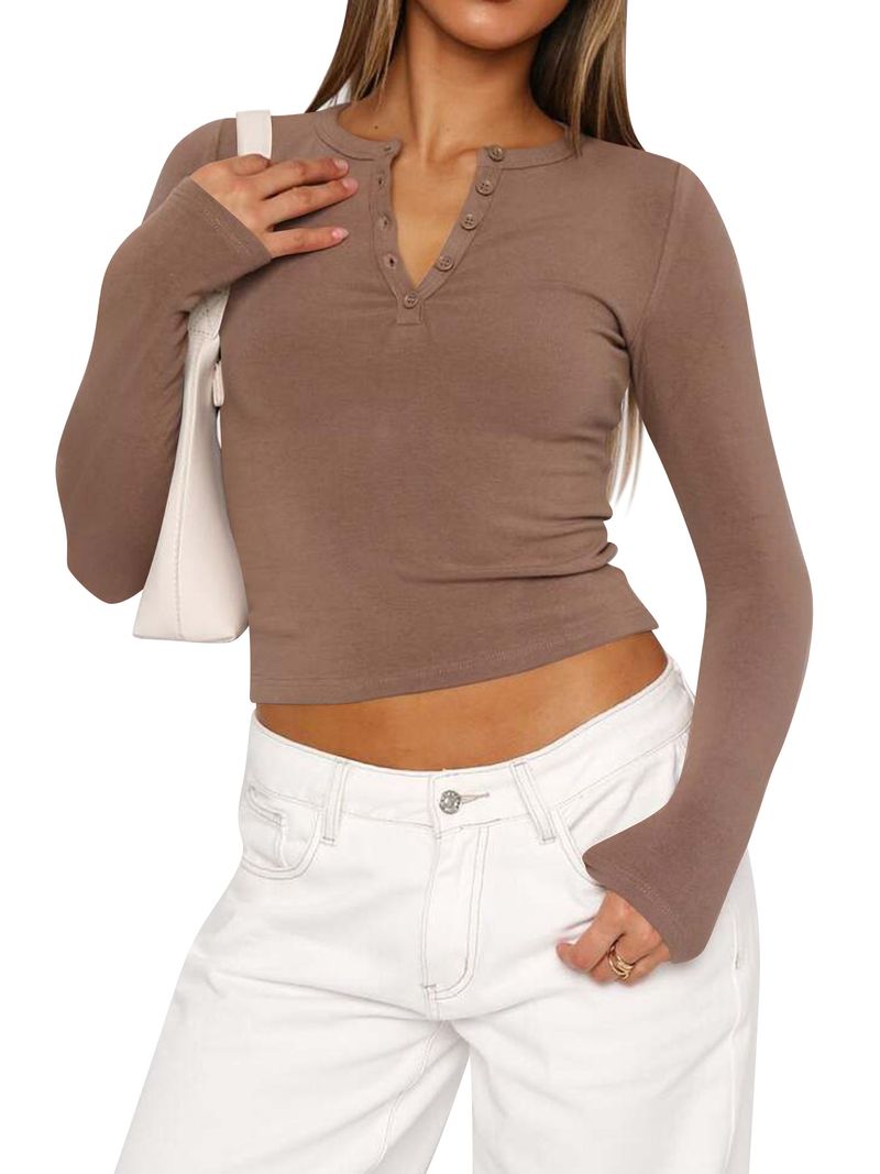 Women's Clothing Slim Fashion Threaded Rib Button Long Sleeved T Shirt Female_voghion.com