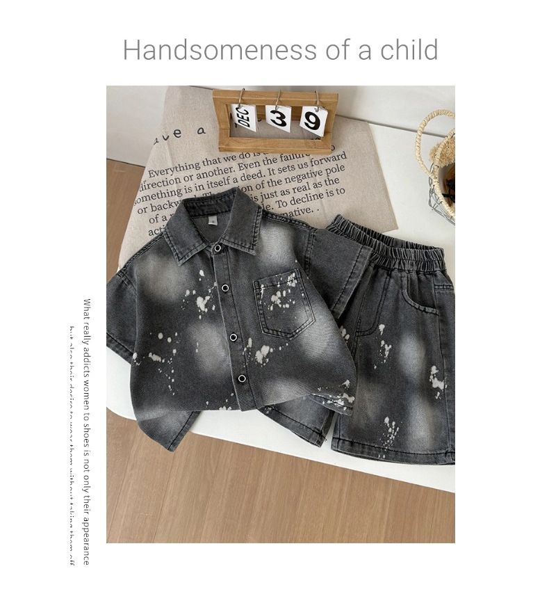 Giacca per bambini, abito in denim con schizzi di vernice per bambini, maniche corte e pantaloncini_voghion.com