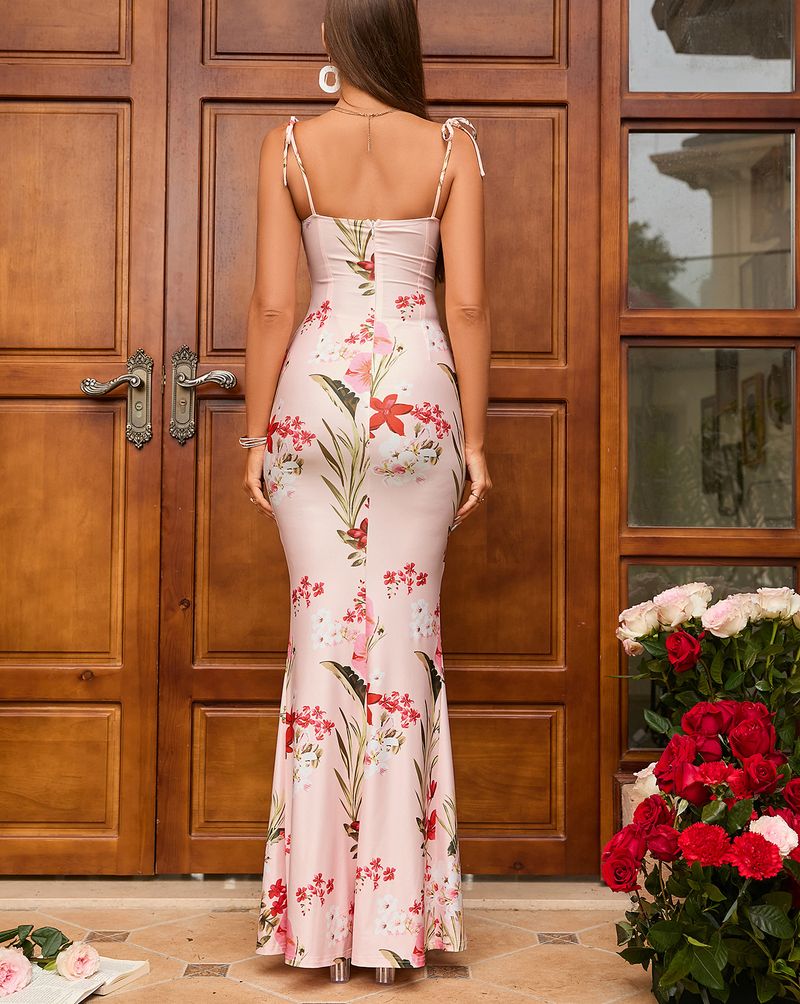 Women's Clothing Floral Pleated Backless Lace Up Suspender Long Skirt Hip Wrapped Fishtail Skirt European Size Is Larger_voghion.com