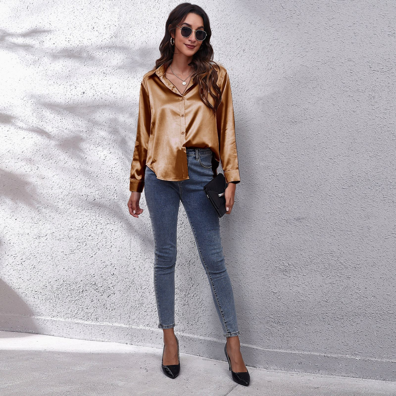Women's clothing color D shirt satin silk imitation long sleeve shirt_voghion.com