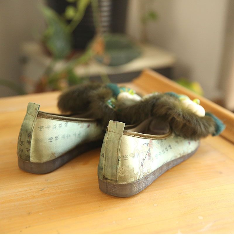 ShoeGlobe Tiger Schuhe für Erwachsene, Frühling und Herbst, weiche Sohle, grün, nationaler Stil, echtes Fell, Katzenkopf bestickt, immaterielles Kulturerbe_voghion.com