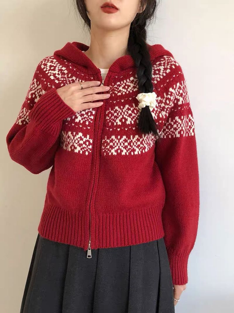 Herbst und Winter Weihnachten rot Kapuzenpullover Damen Retro kurze Strickjacke Jacke_voghion.com
