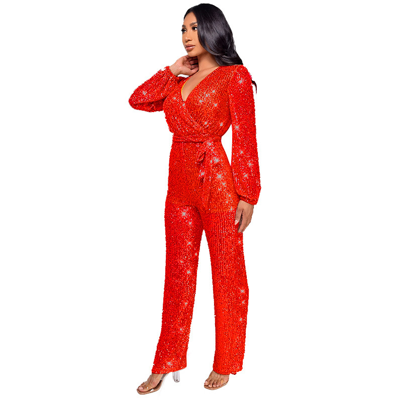 Damkläder Ins Style Deep V Mode Casual Jumpsuit Långärmat Bälte Paljett Jumpsuit Dam_voghion.com