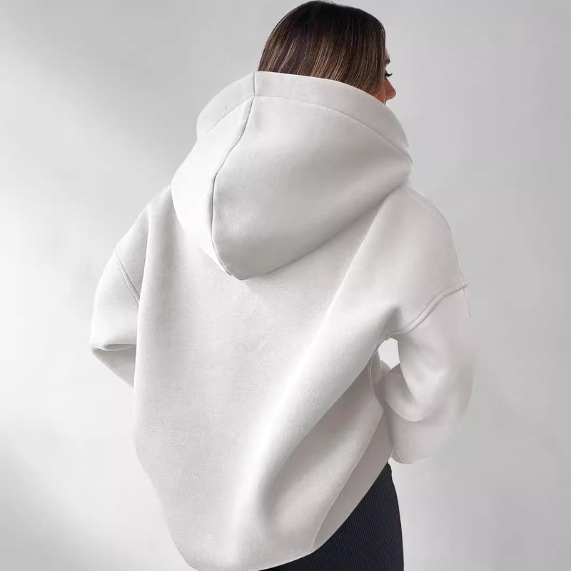 Women's Clothing Sweatshirt Solid Color Long Sleeve Hooded Solid Color Loose Sweater Women's Top_voghion.com