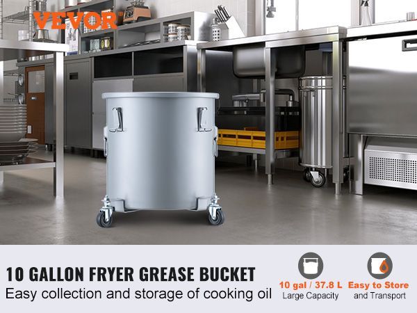 VEVOR Fryer Grease Bucket, 10 Gal Oil Disposal Caddy With Caster Base, Carbon Steel Rust-Proof Coating, Oil Transport Container With Lid, Lock Clips, Filter Bag For Hot Cooking Oil Filtering, Gray_voghion.com