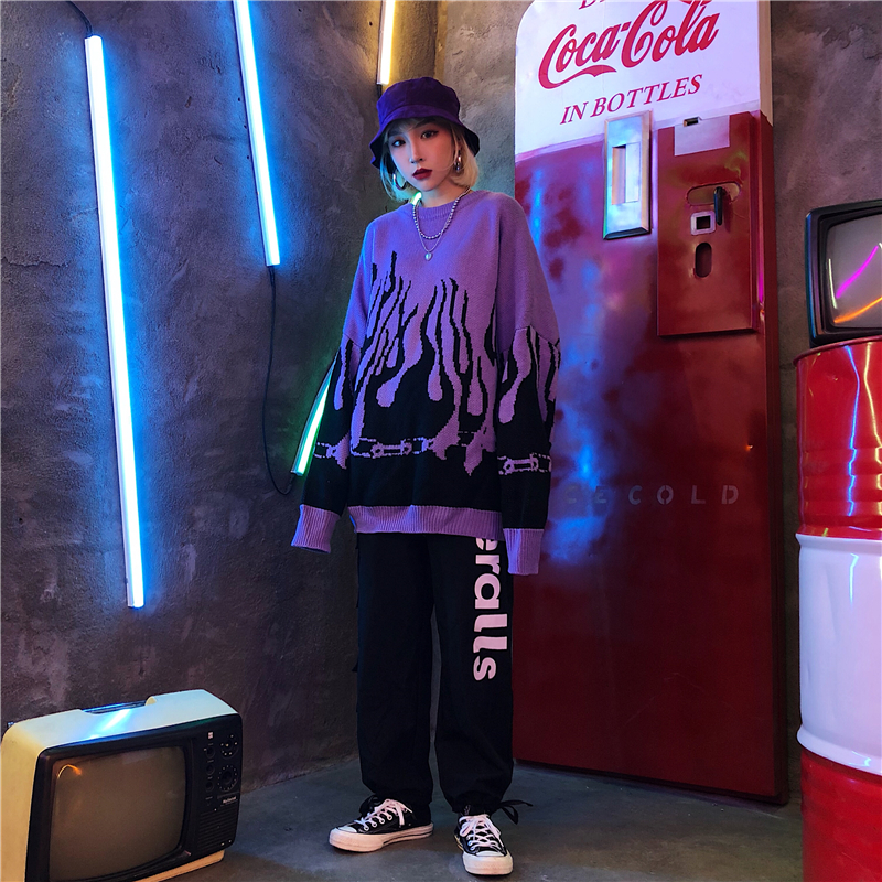 Maglione lavorato a maglia jacquard con motivo a fiamma Hip Hop pullover oversize a maniche lunghe da donna femminile 2022 autunno inverno sciolto_voghion.com