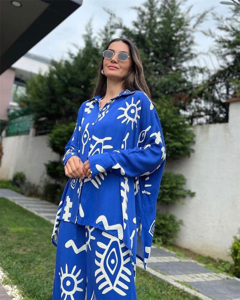 Abbigliamento da donna spot abbigliamento da donna 2024 nuova moda top larghi stampati con lacci pantaloni a vita alta gamba larga set due pezzi_voghion.com