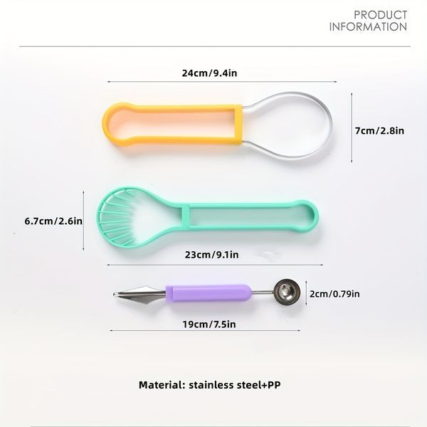 Set da 3 pezzi di coltello da cucina per intagliare la frutta, set da tre pezzi di cucchiaio per scavare l'anguria in acciaio inossidabile, set di utensili per piatti da frutta e palline per scavare_voghion.com