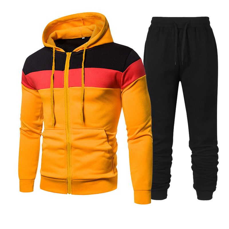 Spring And Autumn Fashion Color Block Patchwork Hooded Running Outdoor Sports Set Men's Sweatshirt_voghion.com